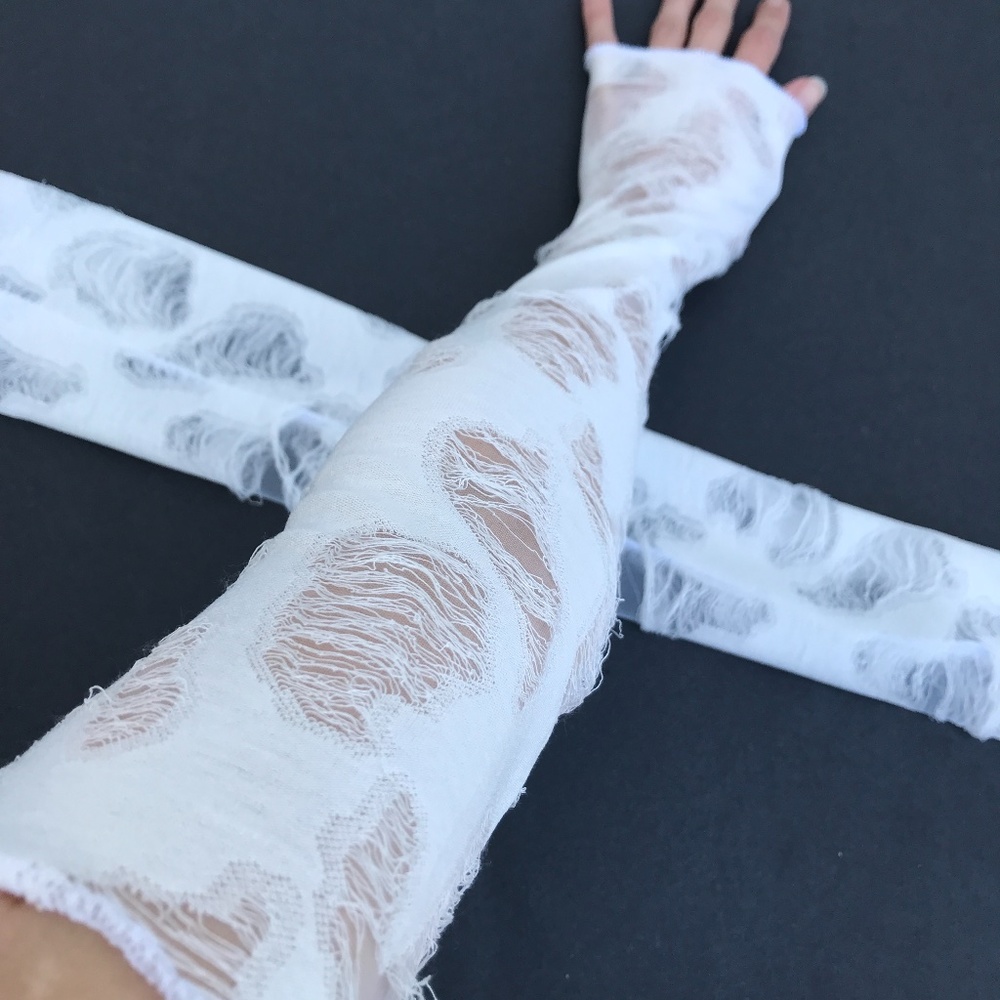 Mummy Ripped Gloves Sheer Gauze Arm Wraps Warmers Ghost Costume Covers ripped